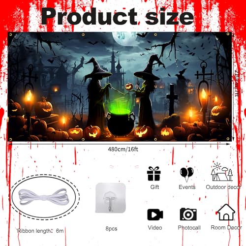 Lighted Witch Halloween Garage Door Decorations Banner - 7 x 16 ft Halloween Garage Door Cover with LED Light Strap, Large...