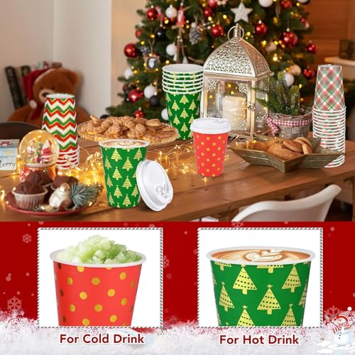 300 Pcs/100 Sets Christmas Coffee Cups with Lids and Sleeves 12 oz Disposable Christmas Paper Cups Party Drinking Cups for...