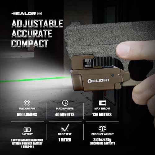 OLIGHT Baldr Mini 600 Lumens with Green Beam and White LED Combo, Magnetic USB Compact Rechargeable Tactical Flashlight with Adjustable Rail for G19, G45, Sig P320, and so on(Desert Tan)