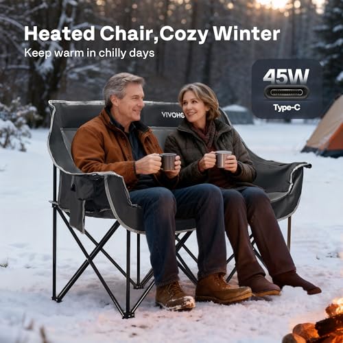 VIVOHOME 45W Padded Heating Double Camping Chair with 2 x 27000mAh Power Bank, Heated Oversized Portable Loveseat for Outd...
