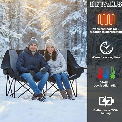 Low Double Heated Double Camping Chair for Adults, Oversized 660lbs Camping Chair with 4 Heating Zones & 3 Heat Levels Fol...