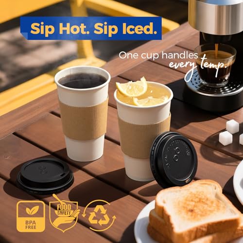 Fit Meal Prep 100 Pack 16 oz Disposable Coffee Cups with Lids, Sleeves, Leak-Proof To Go Coffee Cups with Lids, Durable Pa...