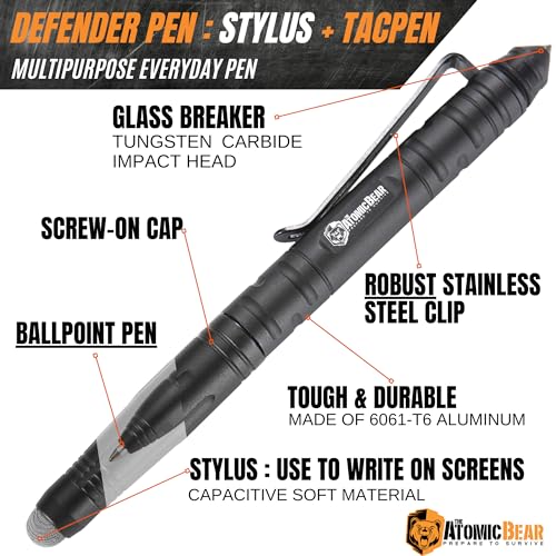 The Atomic Bear Defender Pen with Stylus - Tactical Pen for Self Defense – Emergency Window Breaker – Ballpoint EDC Pens f...