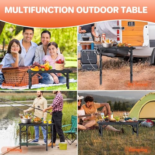 FUNYKICH 2ft Small Folding Camping Table(22.8'' Lx15.7'' W), 3 Height Adjustable Portable Picnic Table, Lightweight Alumin...