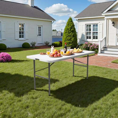 4 FT Foldable Table with Built in Handle & Steel Legs, Heavy Duty Portable Table, Folding Table Outdoor Indoor with Carryi...