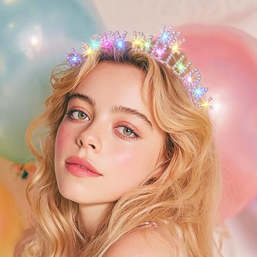 Uranian Light Up Birthday Headbands LED Rhinestone Halo Crown Silver Birthday Hairbands Brithday Hair Accessories for Women