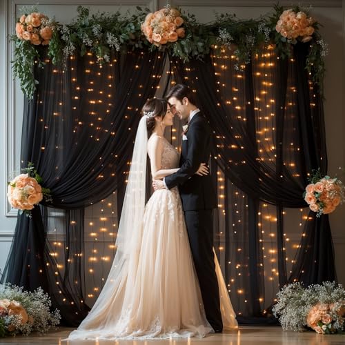 10x10ft Black Tulle Backdrop Curtains with Lights String for Parties,Wrinkle Free Sheer Curtain with Lights Wedding Photo ...