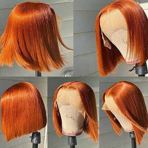 Ginger Orange Short Straight Bob Wig 13x4x1 Lace Front Wigs for Women Orange Ginger Human Hair 14 Inch 150% Density Brazilian Virgin Bob Wigs Human Hair Lace Closure Wigs Pre Plucked with Baby Hair