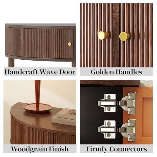 Half Moon Fluted Console Table for Narrow Entryway, Boho Wood Side Coffee Table with Storage, Accent Table for Small Spaces, Decorative Furniture for Living Room Hallway Foyer Entrance (Brown)