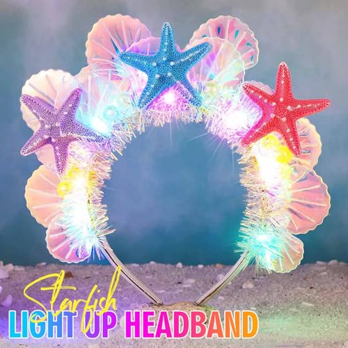 GORTIN Light Up Mermaid Headband LED Glow Starfish Headbands Seashell Headpiece Costume Hair Accessories for Women