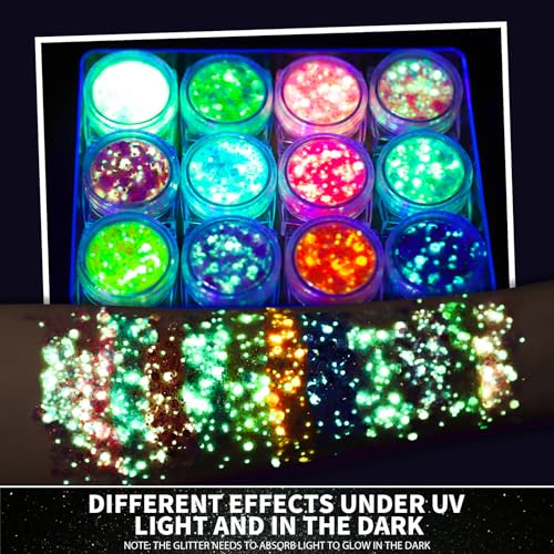 Teenitor 12 Colors Glow in The Dark Glitter Gel, Face Glitter Body Glitter Gel Hair Glitter for UV Black Light Carnival Ma...