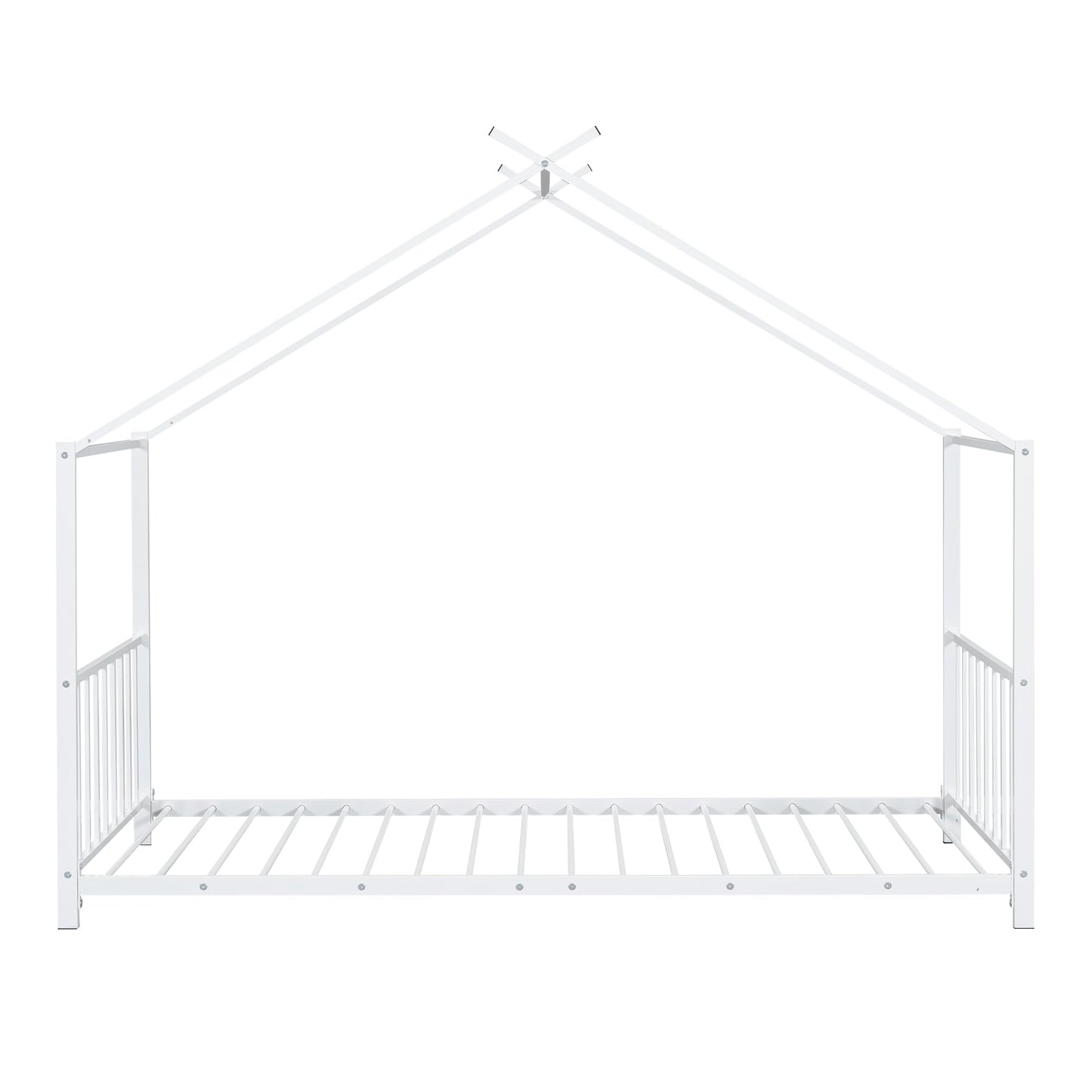 Twin Size Kids Montessori Floor Bed,House Bed Frame with High Headboard,Twin Floor Bed with Roof for Boys Girls,Floor Bed Metal Frame (White)