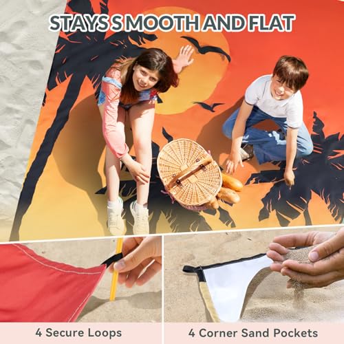 Beach Blanket, Waterproof Sandproof Beach Mat with Stakes and Inflatable Camping Pillow, 79" X 83" Quick Drying Lightweigh...