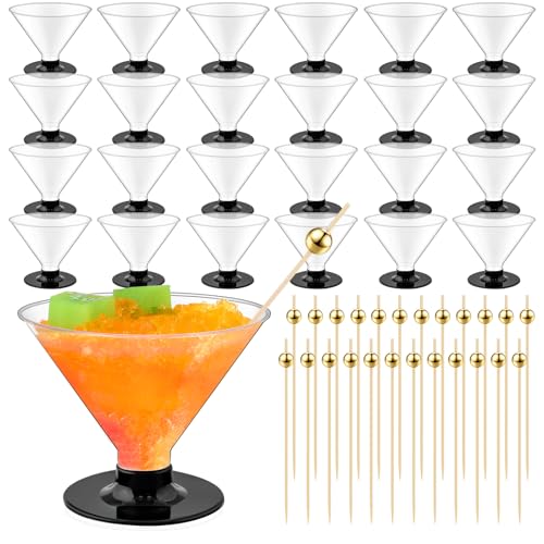 Baderke 24 Pack Plastic Martini Glasses with Gold Pearl Cocktail Picks Disposable Clear Mini Cocktail Cups Dessert Glasses...