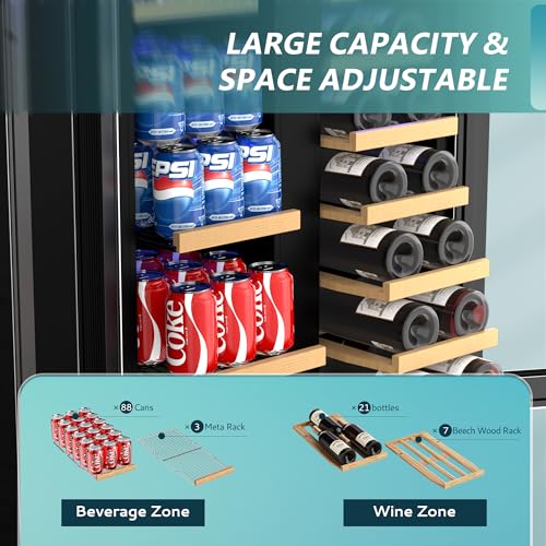 EUHOMY Wine and Beverage Refrigerator, 24 Inch Dual Zone Wine Cooler with Glass Door Hold 21 Bottles and 88 Cans, Built in...