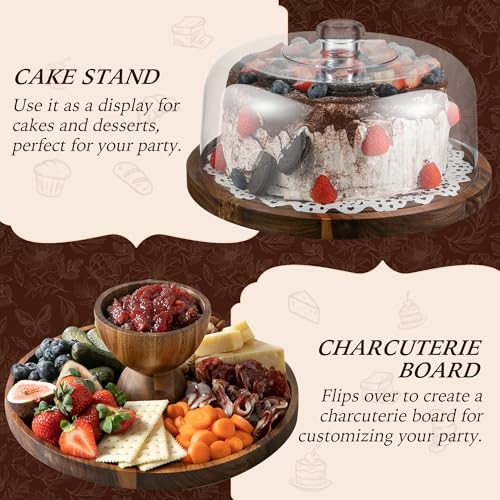 Fyctio Acacia Wood Cake Stand with Lid,12in Round Acrylic Cake Stand with Dome,2-In-1 Reversible Charcuterie Board with Li...