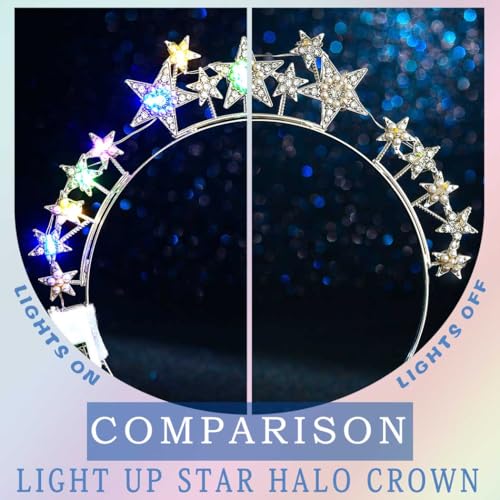 Aceorna Light Up Stars Halo Crowns LED Rhinestones Halo Headbands Glowing Pearl Star Hairbands Glitter Rave Hair Accessori...