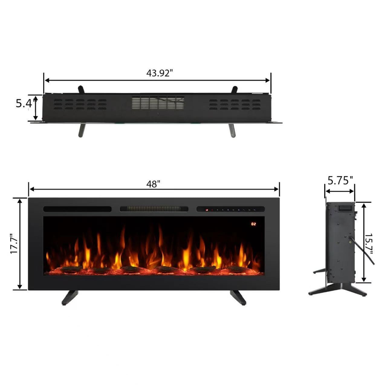 Rodalflame 48" Electric Fireplace Inserts, Adjustable Flame&Speed, Thermostat Heater, Recessed, Wall Mount, Freestanding, Brightness, Child Lock, Timer
