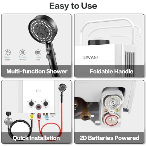 OEVANT Propane Water Heater, 1.58GPM 6L Portable Tankless Water Heater with Handle & Overheating Protection, Propane Gas, ...