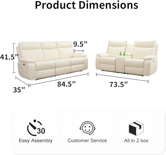 Toseslo 2 Piece Leather Sofa Sets,Power Recliner Sofa and Loveseat Set with LED Light,Living Room Furniture, Reclining Sofa with Cup Holders/Storage Console for House, Vanilla White