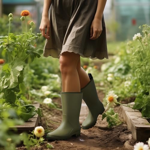 HISEA Women Rubber Boots Wide Calf Rain Boots Matte Surface Waterproof PVC Rubber Rain Boot Mid Height Rain Shoes for Outd...