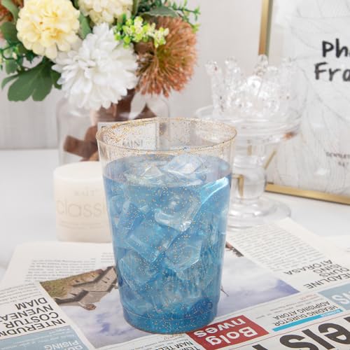 I00000 100 Pack 12 oz Gold Glitter Cups, Clear Disposable Cups, Gold Plastic Wine Glasses Cocktail Glasses Heavy Duty Cup...
