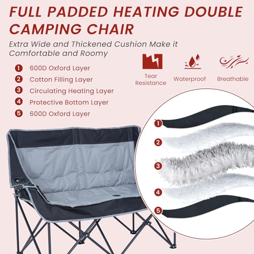 DoCred Heated Double Camping Chair, Heated Folding Camping Chairs Loveseat Outdoor Sports,Heating Oversized Loveseat Chair...