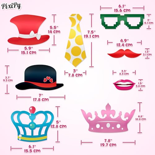 Photo Booth Props - 66 Piece Multicolor Kit - Fun Selfie Party Accessories - Mustaches, Hats, Lips & More - by PixiPy