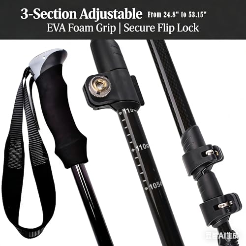 100% Carbon Fiber Trekking Poles - Collapsible Ultralight 3-Section Adjustable Hiking Poles with EVA Foam Grip, Quick Flip...