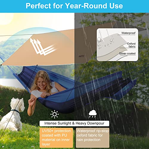 Hammock Rain Fly, 12x10FT Camping Tarp with Poles, Waterproof and Ultralight Survival Tent Tarp for Outdoors, Camping, Hik...