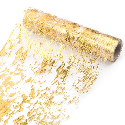 Ohanniewa Gold Table Runner 11 inch x 32 Feet Glitter Metallic Gold Foil Mesh Table Runner Roll Table Decorations for Wedd...