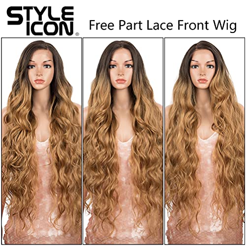 Style Icon Easy-360 Lace Wigs 36" Big Curl Free Part Lace Frontal Wigs Super Long Multi-Layered Synthetic Wig (36 Inches, TT6/26Q)