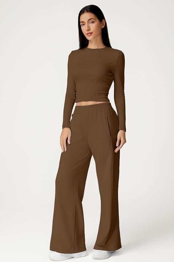 QINSEN Womens 2 Piece Sets Long Sleeve Slim Fit Crop Tops Wide Leg Pants Matching Lounge Set