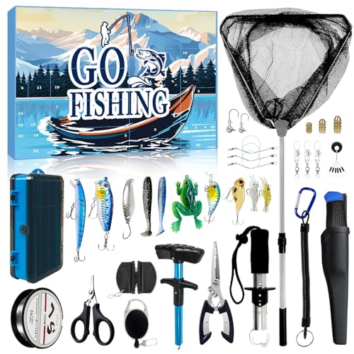 MH MYLUNE HOME Fishing Advent Calendar 2025-24 Days Fishing Tools and Lures Kit for Fisher Adult Men Teen, Fish Net, Hook ...