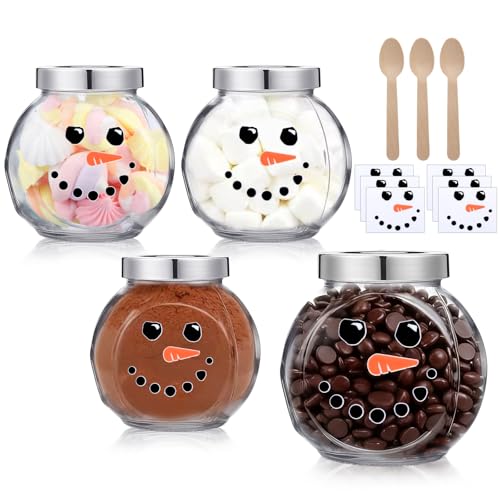 Bokon 3 Sets 16.2 oz Christmas Glass Jars with Lids Hot Chocolate Hot Cocoa Bar Supplies Snowman DIY Candy Jars Wooden Spo...