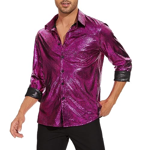 Zando Mens Disco Shirt Outfit Retro 70s Shirts for Men Sequin Glitter Long Sleeve Button Down Disco Outfits Party Costume