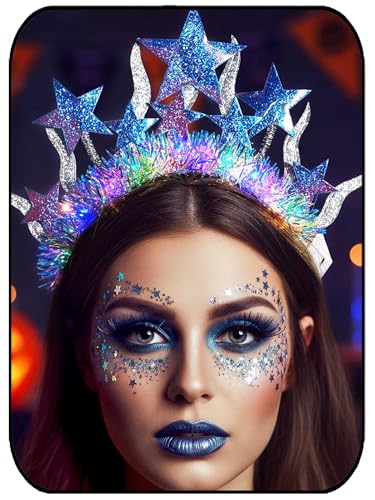 Formery Light Up Star Halo Crown Silver Celestial Goddess Headband Glitter LED Hair Accessories for Women
