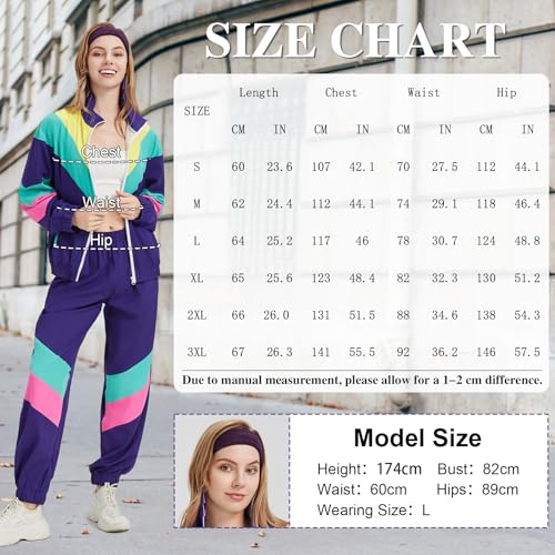 Coseaon 80s Tracksuit for Women Retro Windbreaker Outfit 90s Color Block Sportswear Set with Jacket Sweatpants