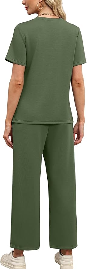 WIHOLL Two Piece Sets for Women Summer Travel Vacation Outfits Short Sleeve Lounge Sets Side Slit Wide Leg Pants S-3XL