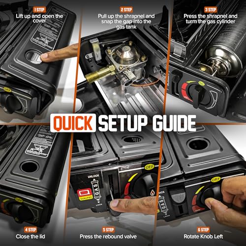 Portable Camping Stove with Plastic Suitcase 3000W Dual Fuel Compatable with Butane or Propane Fuel Tanks, Automatic Ignit...