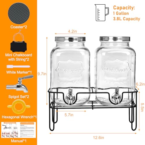 Moretoes Glass Drinks Dispenser for Parties, 2 PACK 1 Gallon Beverage Dispenser with Stand for Juice and Iced Tea, Water J...