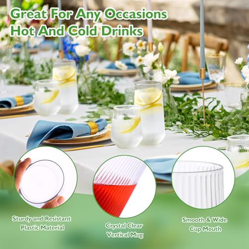 mwellewm 48 Pcs Plastic Wine Glasses Disposable Ribbed Cocktail Cups Set 9 OZ Stemless Champagne Flutes 12 OZ Origami Shat...
