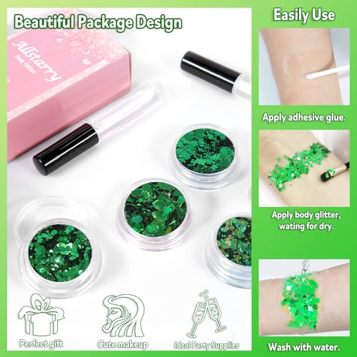 Allstarry Green Body Glitter, 4 Colors Cosmetic Green Face Glitter, Shamrock Face Eyeshadow Makeup Hair and Eye Glitter St...