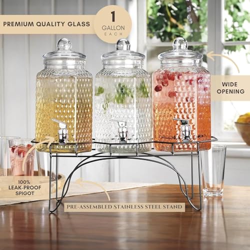 Drink Dispenser Set of 3 - Beverage Dispenser with Stand - Glass Drink Dispensers for Lemonade, Juice, Water, Iced Tea, Pu...