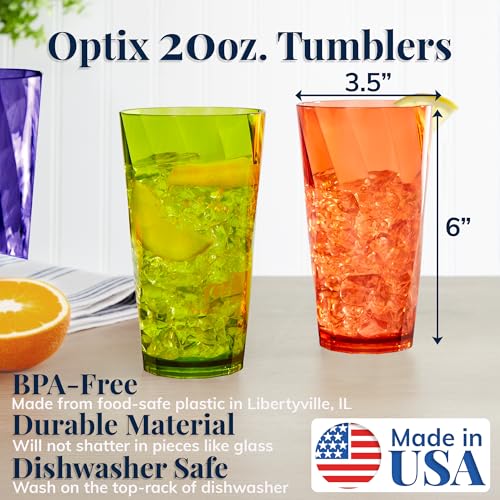 US Acrylic Optix Plastic Reusable Drinking Glasses (Set of 8) 20oz Water Cups in Jewel Tone Colors | BPA-Free Tumblers, Ma...