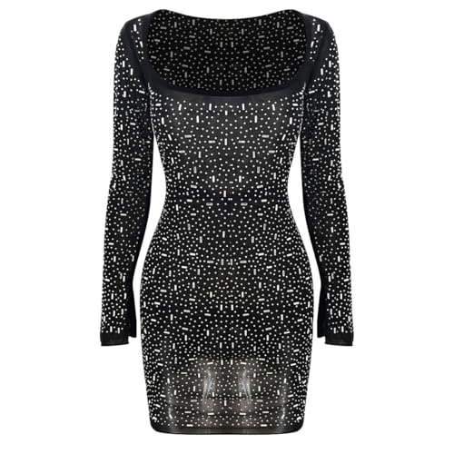 ODIZLI Short Dress for Women Sheer Mesh Long Sleeve Square Neck Rhinestones Semi See-Through Bodycon Mini Party Dresses