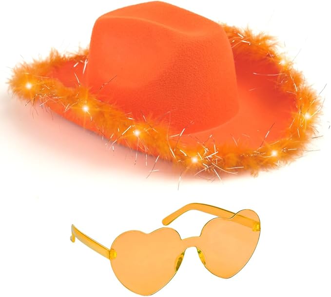 Funcredible Light Up Cowboy Hat and Glasses – LED Cowgirl Hat with Feathers – Cowgirl Costume Accessories for Women
