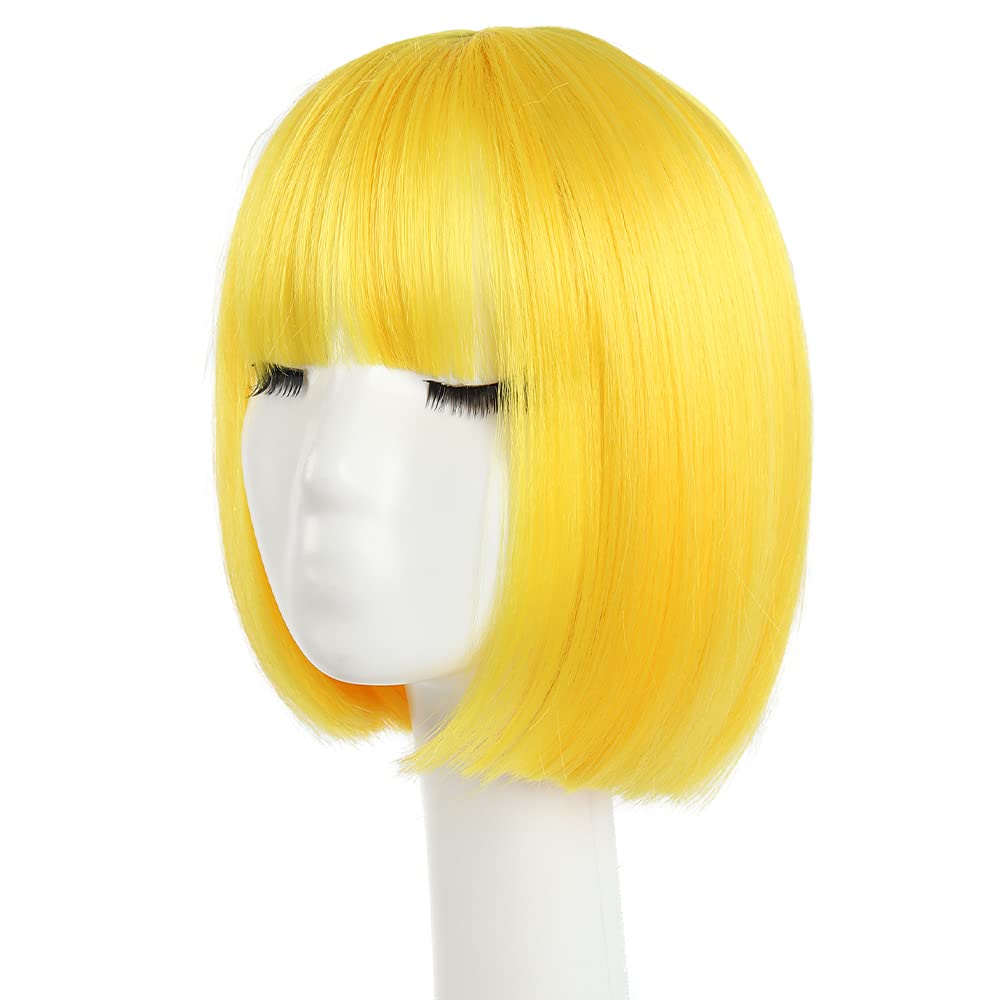 HSPCYGG Short Yellow Bob Wig with Bangs, 10" Synthetic Cosplay Hair for Women and Girls, Model 2002-Yellow