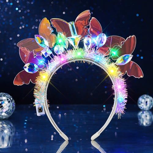 JEAIRTS Light Up Butterfly Headband Sparkly Rhinestone Headpiece Led Crystal Rave Costume Headwear for Women