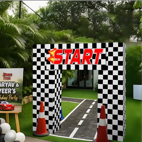 Saypacck 9 Pcs Race Car Birthday Party Decoration Checkered Flag Cardboard Kit Racing Theme 35.4 in Background 11.8 in Box...